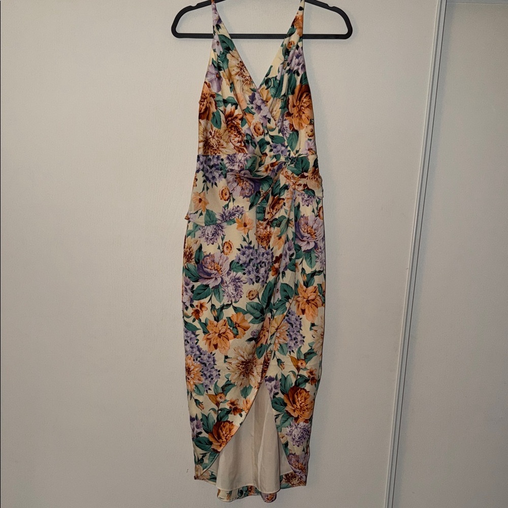 Express Floral Wrap Midi Dress in Cream, Purple and Yellow